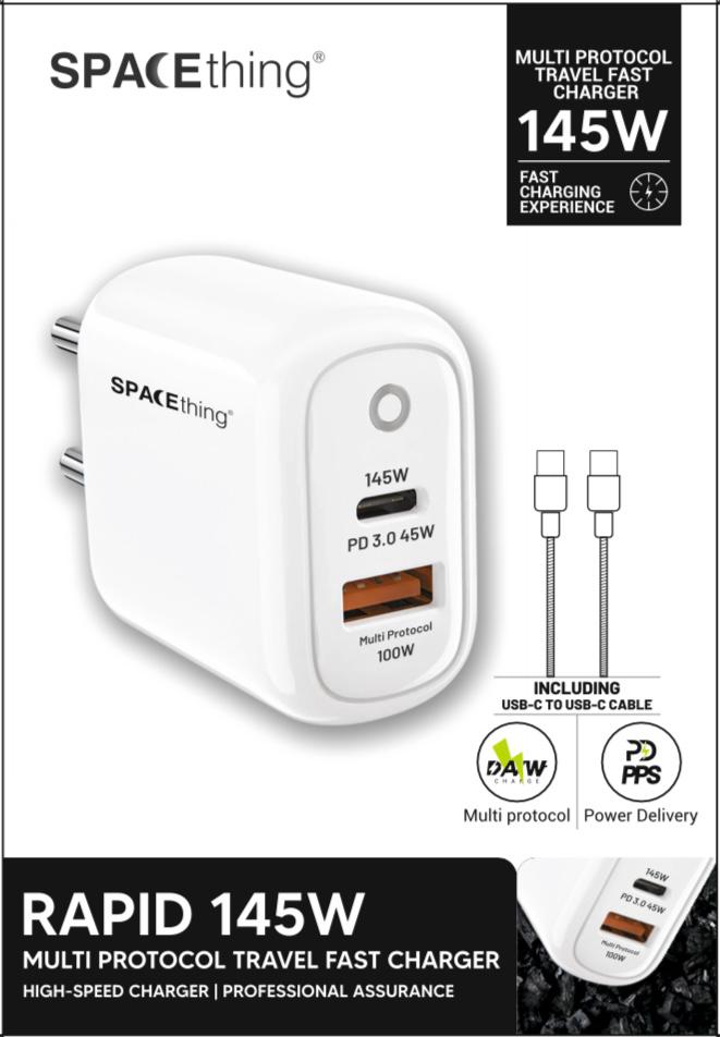 Spacething Rapid 145W GaN Wall Charger (with USB-C to C Cable)  Colour - White